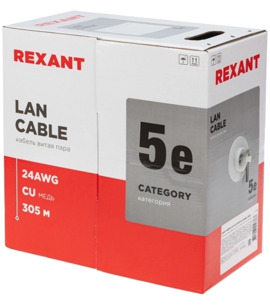 Кабель витая пара Rexant LIGHT U/UTP, cat.5e, ZH нг(А)-HF, 4PR, 24AWG, внутренний, серый, 305 м