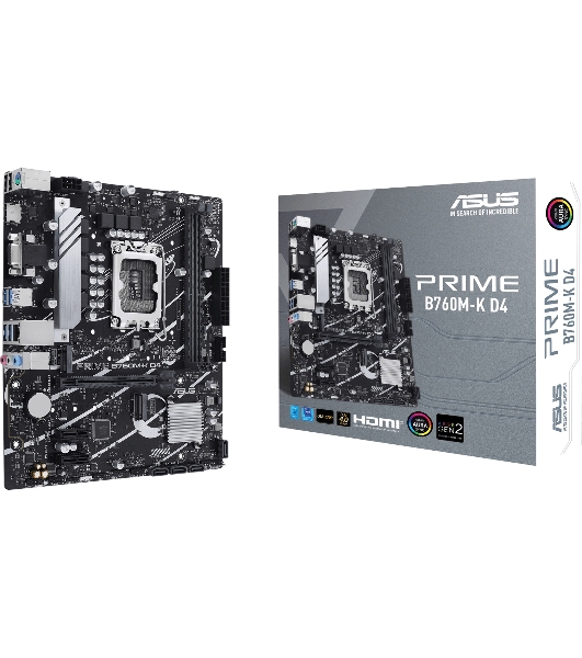 Материнская плата ASUS PRIME B760M-K D4, LGA 1700, Intel B760, 2xDDR4, 4xSATA, 2xM.2, 1xPCIe 4.0 x16, 2xPCIe x1, 1xHDMI, 1xVGA, 1x 2.5Gb LAN, 2xUSB-A 3.2 Gen 1, 2xUSB-A 2.0, 3x3.5 мм, 7.1, mATX
