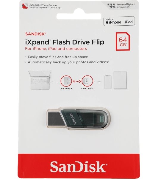 Флешка USB Sandisk IX90N iXpand Flip (SDIX90N-064G-GN6NN), 64Gb, USB 3.1/Lightning, R/W 150/70, зеленый/серебристый
