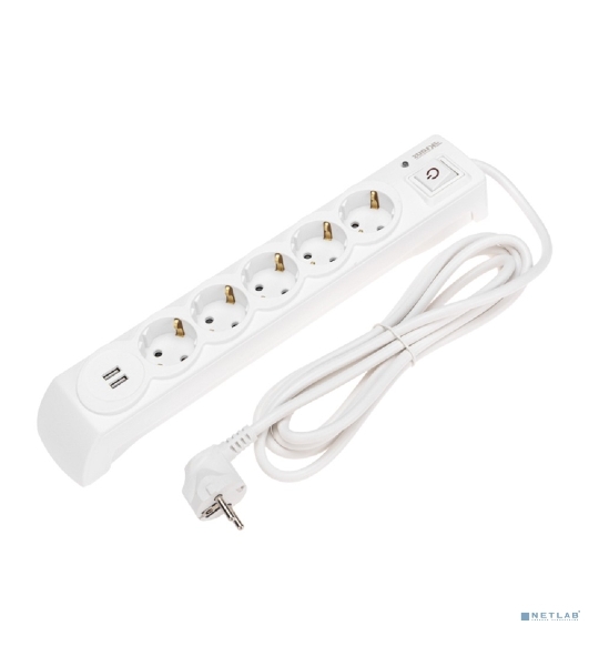 Сетевой фильтр 5 гнезд, 3м, 3х1,5мм², с автовыкл, 2 USB, белый Kranz