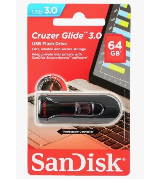 Флешка USB Sandisk CZ600 Cruzer Glide (SDCZ600-064G-G35), 64Gb, USB 3.0, R/W 10/20, черный