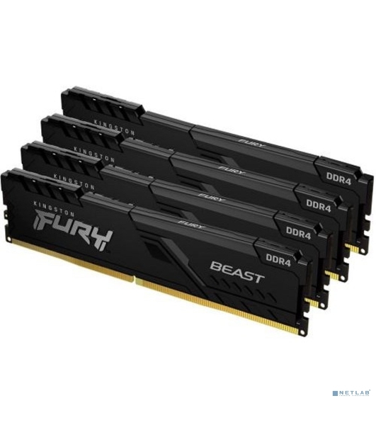 Оперативная память Kingston Fury Beast, DDR4, 64GB (4x16GB), 3600MHz, CL18, DIMM, радиатор, черный