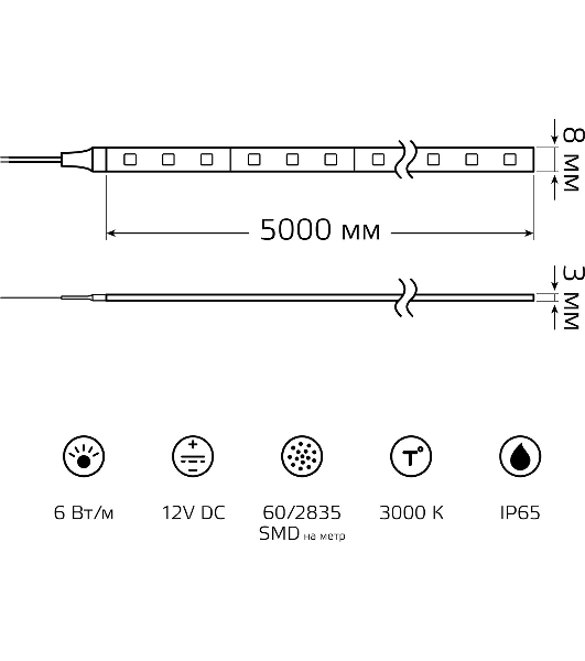 Лента светодиодная Basic в комплекте Gauss 12V 6W/m 600lm/m 3000K IP65 LED 5m 1/50