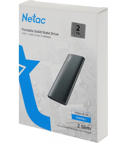 Внешний SSD Netac Z SLIM, 2TB, USB 3.2 Gen 2 Type-C, R/W 550/480, черный
