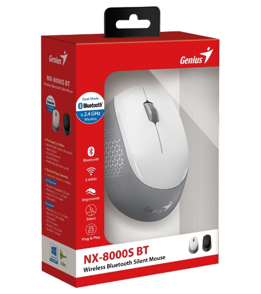 Мышь беспроводная Genius NX-8000S BT белый, 1200 dpi, радиоканал, Bluetooth, USB, кнопки - 3