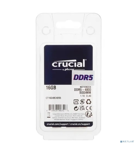 Оперативная память Crucial, DDR5, 16GB (1x16 GB), 4800 MHz, CL40, SO-DIMM