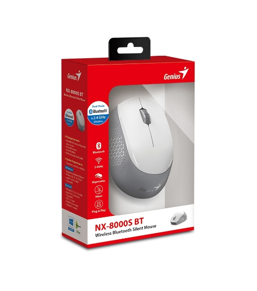 Мышь беспроводная Genius NX-8000S BT белый, 1200 dpi, радиоканал, Bluetooth, USB, кнопки - 3