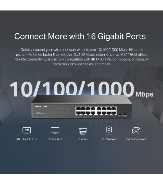Коммутатор Mercusys MS116GS с 16 гигабитными портами для размещения на столе или в стойке
