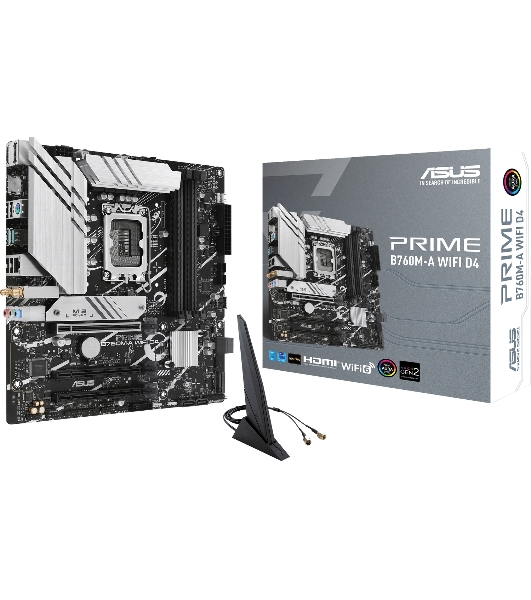 Материнская плата ASUS PRIME B760M-A WIFI D4, LGA 1700, Intel B760, 4xDDR4, 4xSATA, 2xM.2, 1xPCIe 4.0 x16, 1xPCIe 4.0 x4, 1xPCIe 4.0 x1, 2xHDMI, 1xDP, 1x 2.5Gb LAN, 2xUSB-A 3.2 Gen 2, 4xUSB-A 2.0, 3x3.5 мм, 7.1, mATX