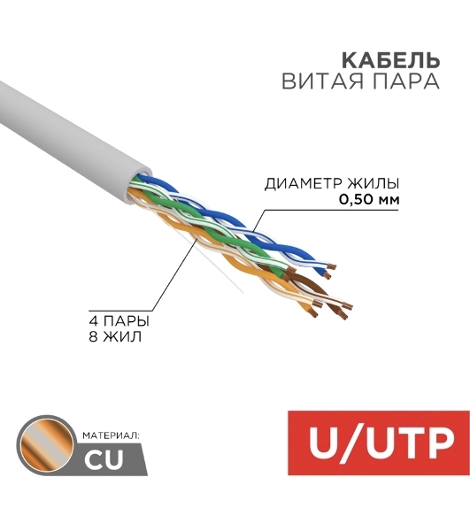 Кабель UTP Rexant 4PR 24AWG, CU (медь), cat.5e, 100 МГц, PVC, серый, бухта 50 м