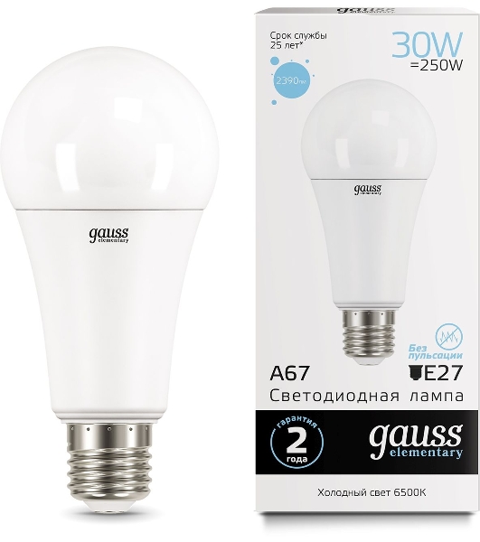 Лампа светодиодная Gauss LED Elementary A67 30W E27 2390lm 6500K 1/10/50 0