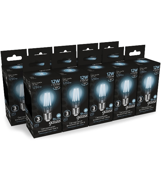 Лампа cветодиодная Gauss Filament А60 12W 1250lm 4100К Е27 LED 1/10/40