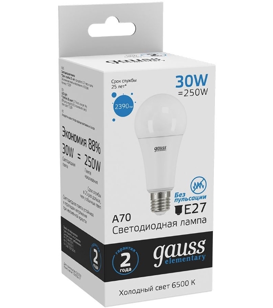 Лампа светодиодная Gauss LED Elementary A67 30W E27 2390lm 6500K 1/10/50 0