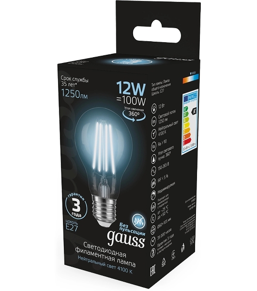 Лампа cветодиодная Gauss Filament А60 12W 1250lm 4100К Е27 LED 1/10/40