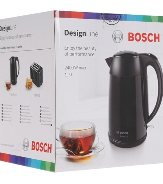 Электрочайник Bosch TWK3P423 черный, 1.7 л, 2400 Вт, скрытый нагревательный элемент