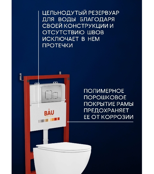 Комплект BAU 6 в 1: инсталляция BAU PRO, унитаз подвесной безободковый вихревой со скрытым сливом Bau Dream Hurricane3, сиденье дюропласт микролифт, кнопка смыва BAU Soul, хром