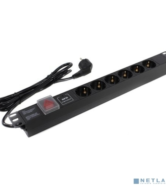 Блок розеток горизонтальный ExeGate ServerPro PDU-19H608 Al-6S-EU2-SW-SPD1, 19', 1U, Алюминий, 6 Schuko, кабель с евровилкой VDE-250V-16A-3*1.5мм2, 2 метра, выкл. с подсветкой, SPD1, черный