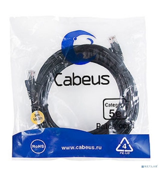 Шнур коммутационный Cabeus, Cat.5e, неэкр., U/UTP, RJ45/RJ45, PVC, AWG24, 5м, черный