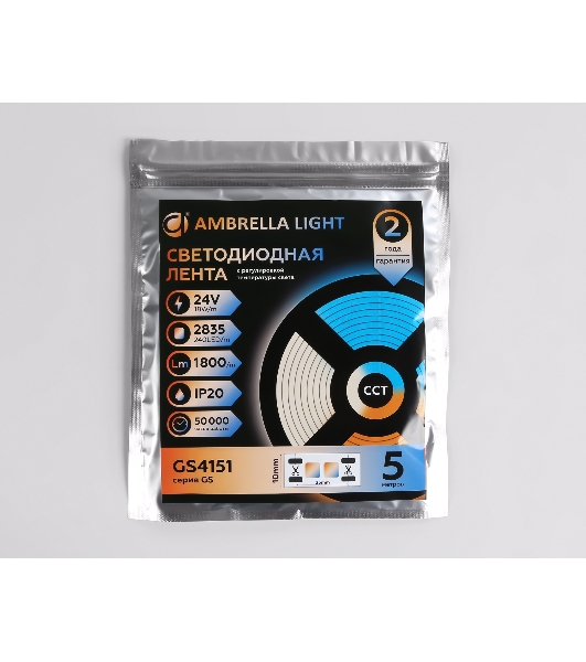 Светодиодная лента Ambrella light GS4151 2835 240Led/ 18W m/ 24V IP20 CCT 3000-6500K/5000*10*1.2mm (3 конт.)
