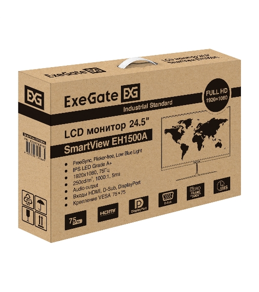 Монитор 24.5' ExeGate SmartView EH1500A IPS 1920x1080, 75 Гц, 5 мс, 16:9, 250 кд/м², 1xVGA, 1xHDMI, 1xDP, 3.5 мм, черный