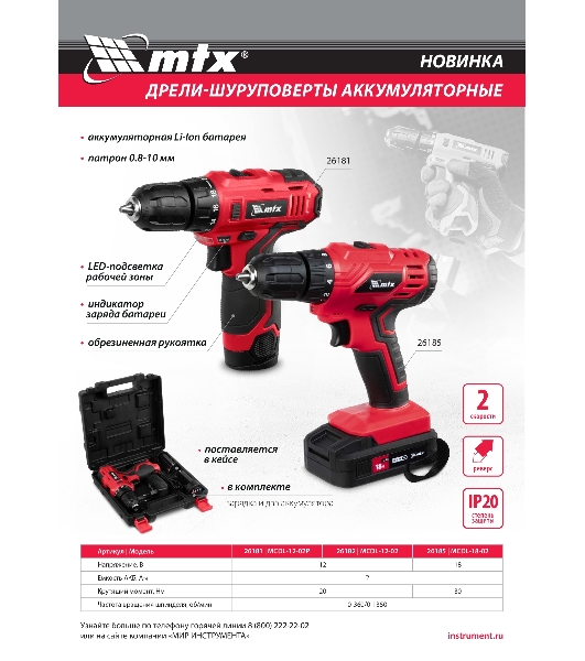 Дрель-шуруповерт MTX MCDL-12-02, 12 В, 2 Ач, 20 Нм, щеточный