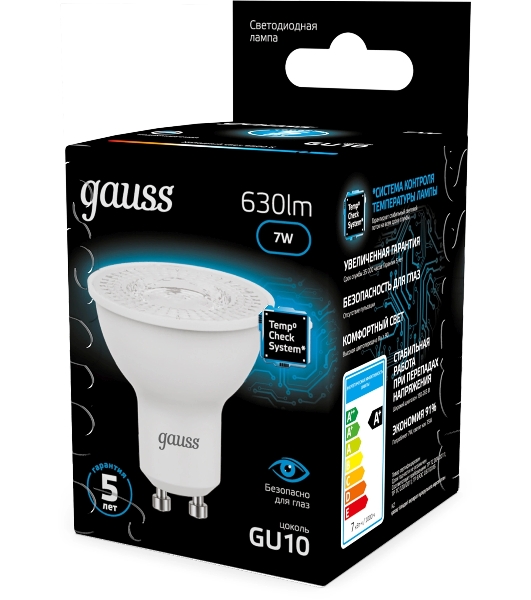 Лампа светодиодная Gauss 101506307 7Вт цок.: GU10 рефлек. 150B св. свеч. бел. хол. MR16 (упак.: 10 шт)