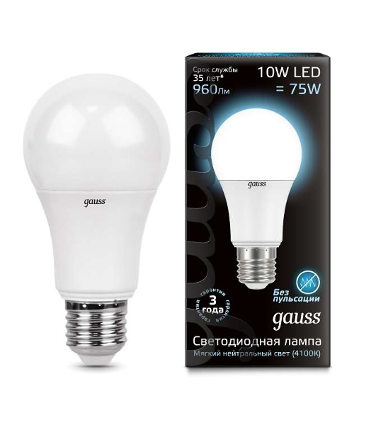 Лампа светодиодная Gauss LED A60 10W E27 920lm 4100K 1/10/50