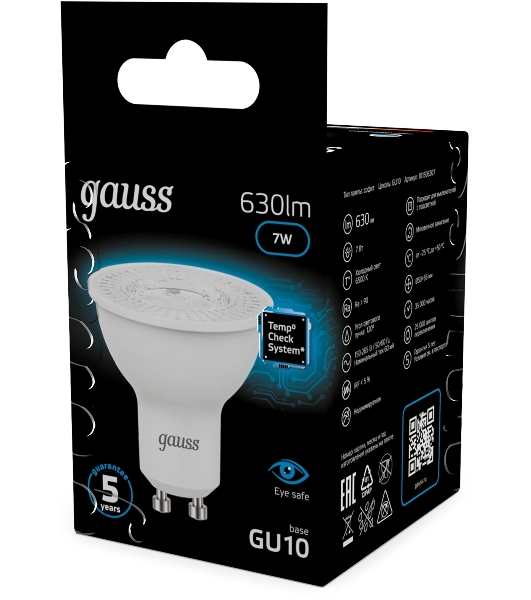 Лампа светодиодная Gauss 101506307 7Вт цок.: GU10 рефлек. 150B св. свеч. бел. хол. MR16 (упак.: 10 шт)
