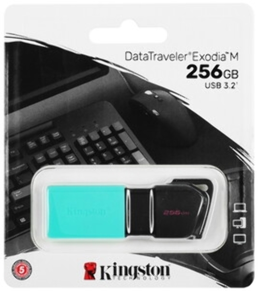 Флешка USB Kingston DataTraveler Exodia М (DTXM/256Gb), 256Gb, USB 3.2 Gen 1, R/W 150/60, черный/бирюзовый