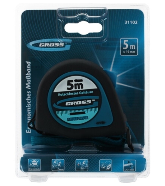 Рулетка GROSS 31102 ''ergonomisch'' 5м x 19мм магнитный обрезиненный зацеп