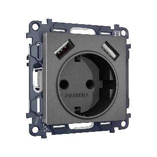 Комплект механизма электрической розетки ALFA Антрацит серый 2USB A+A 18W (быстрая зарядка) с/з QUANT (AP6590, VM155) MA659010