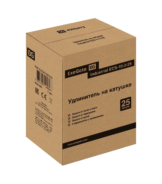 Удлинитель на катушке ExeGate industrial ECS-10-3-25 (4 евророзетки с заземлением, IP20, 25 м, защита от детей, защита от перегрузки, 3х1,0 мм2, 10А/2.3 кВт)