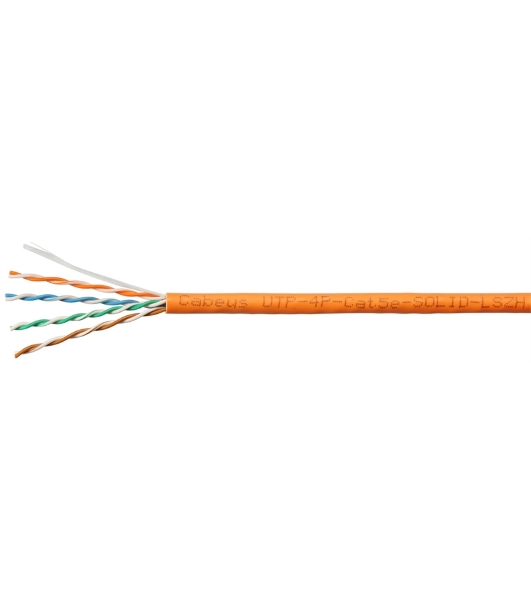 Кабель витая пара UTP (U/UTP) Cabeus UTP-4P-Cat.5e-SOLID-LSZH-100 категория 5e, 4 пары (24 AWG), одножильный, оранжевый, LSZH, нг(А)-HF, (100 м)