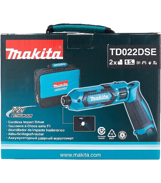 Отвертка аккумуляторная MAKITA TD022DSEак уд 7.2В 2х1Ач Li-Ion 2450об/м 25Нм 1/4'' 0.56кг сумка подсветка