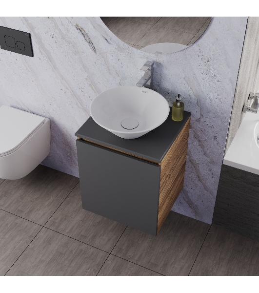 Тумба Bau Dream Blackwood 50 графит, раковина BAU Dream D43, смеситель для раковины высокий Hotel Still, нержавеющая сталь, выпуск клик клак, белый