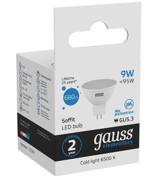 Лампа светодиодная Gauss Elementary MR16 9Вт цок.: GX5.3 спот 220B 6500K св. свеч. белый хол. MR16 (упак.: 10 шт)
