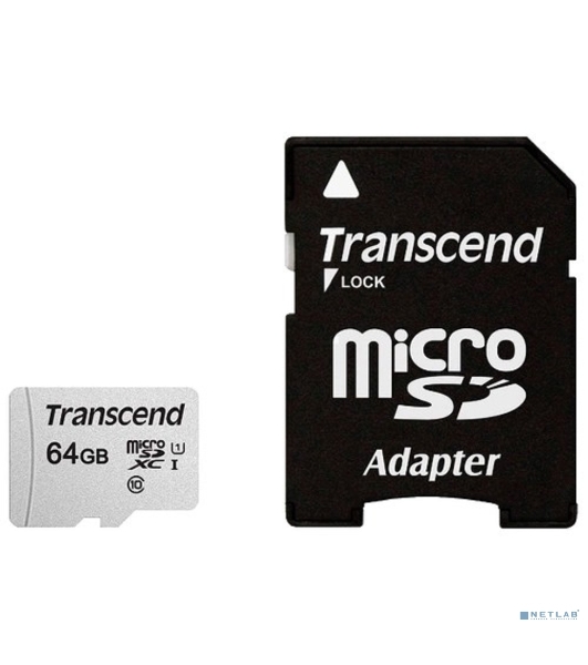 Флеш карта Micro SecureDigital 64Gb Transcend Class 10 TS64GUSD300S-A MicroSDXC Class 10 UHS-I, SD adapter