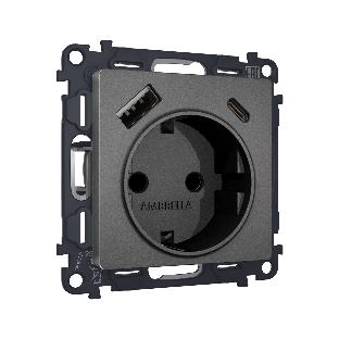 Комплект механизма электрической розетки ALFA Антрацит серый 2USB A+C 20W (быстрая зарядка) с/з QUANT (AP6600, VM160) MA660010