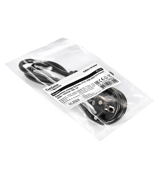 Кабель питания ExeGate Power PC-1P (Евровилка угловая Schuko->C13, VDE-250V-3*0.75mm2, медь, черный, 10A, 1м)