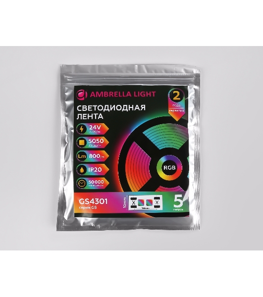 Светодиодная лента Ambrella light GS4301 5050 30Led/ 7.2W m/ 24V IP20 RGB/ 5000*10*1.87mm (4 конт.)
