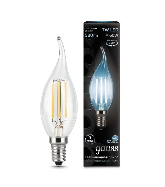 Лампа светодиодная Gauss LED Filament Свеча на ветру E14 7W 580lm 4100К 1/10/50