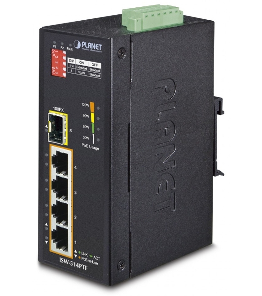 Индустриальный PoE коммутатор Planet ISW-514PTF для монтажа в DIN-рейку IP30 4-Port/TP + 1-Port Fiber(SFP) POE Industrial Fast Ethernet Switch (-40 to 75 C)