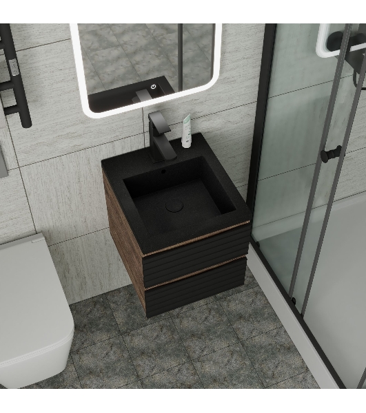 Тумба под раковину Bau Stil Loft black brushed, раковина кварцевая BAU Stil 40, черный металлик, смеситель Hotel Black, черный