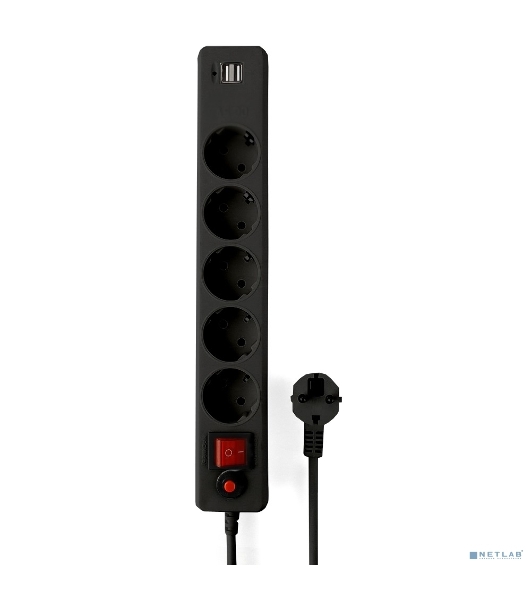 Сетевой фильтр Гарнизон 5 р, 10А, 2xUSB, 1.8 м, ур.защиты 4, черный, пакет