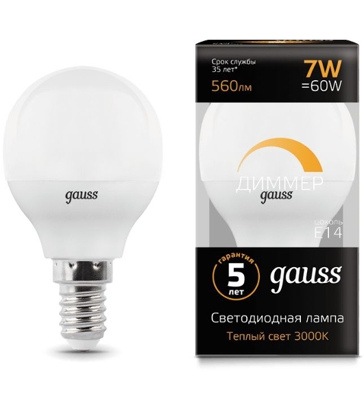 Лампа светодиодная LED Gauss Globe-dim E14 7Вт 3000К диммируемая