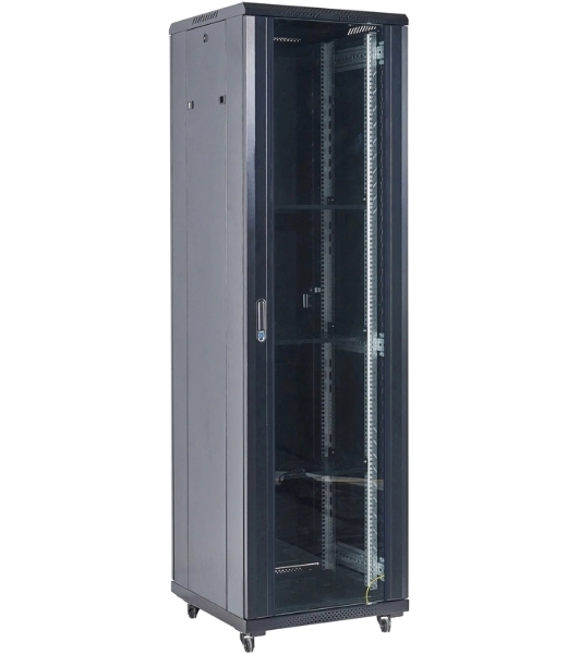 Напольный шкаф Rexant RAL 9005 19' 18U 600×600×987 (ШxГxВ), дверь стекло, металлическая задняя дверь, боковые съемные стенки