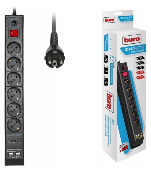 Сетевой фильтр Buro BU-SP1.8 USB 2A-B 1.8м (6 розеток) черный (коробка)