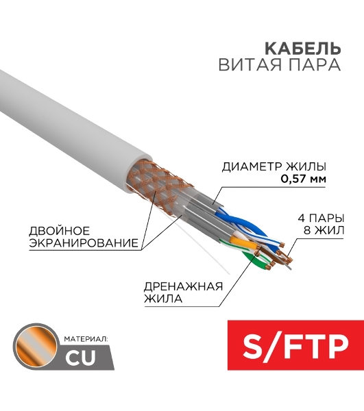 Кабель витая пара Rexant PRO, S/FTP, CAT 6A, ZH нг(А)-HF, 4х2х0,575мм, 23AWG, INDOOR, SOLID, серый, 305м