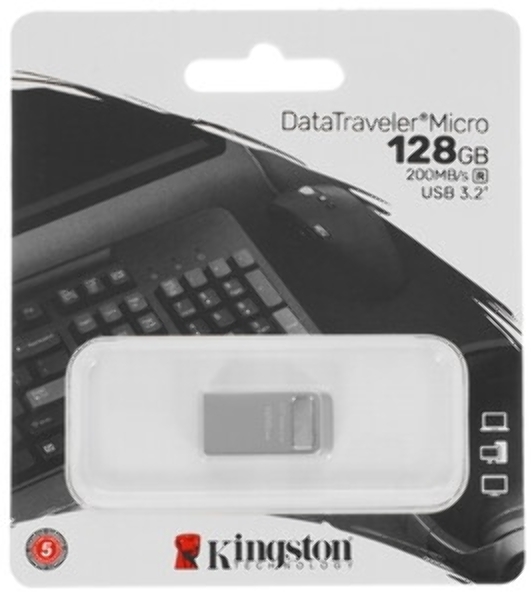 Флешка USB Kingston DataTraveler Micro (DTMC3G2/128Gb), 128Gb, USB 3.2 Gen 1, R/W 200/60, серебристый