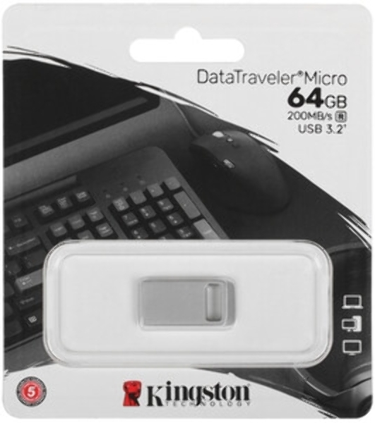 Флешка USB Kingston DataTraveler Micro (DTMC3G2/64Gb), 64Gb, USB 3.2 Gen 1, R/W 200/60, серебристый
